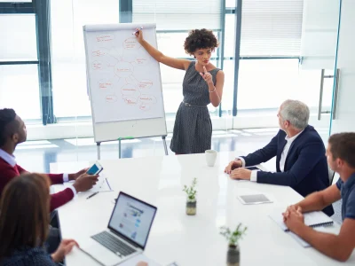Woman leading meeting easel Woman leading meeting easel